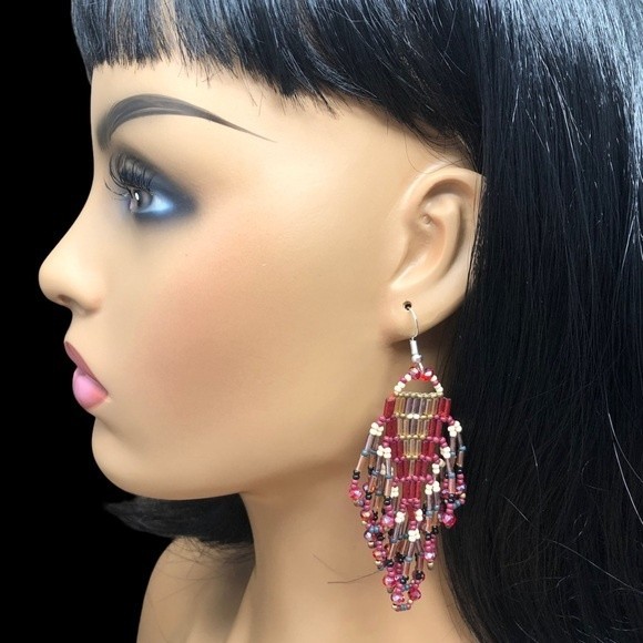 Red & Gold Bugle & Seed Bead Loop Tassel Handmade Statement Dangle Earrings - Picture 3 of 3